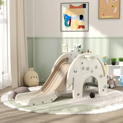 AIYAPLAY Babyrutsche 3-in-1, Klettergerüst, Basketballkorb, rutschfeste Stufen, Handläufe, Cremeweiß