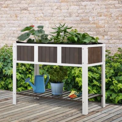 Outsunny Hochbeet Pflanztisch Gartenarbeitstisch hölzerne Gartenbeete für Gemüse Blumen, Pflanzkübel mit Regal, 119 x 57 x 89 cm, Tanne, nicht gewebter Stoff, Weiß+Grau