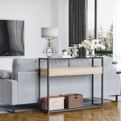 HOMCOM Mesa Consola de Entrada 108x28x85 cm Mueble Recibidor con Encimera de Cristal Estante y Rejilla Inferior Marco de Acero para Pasillo Salón Extremo del Sofá Negro