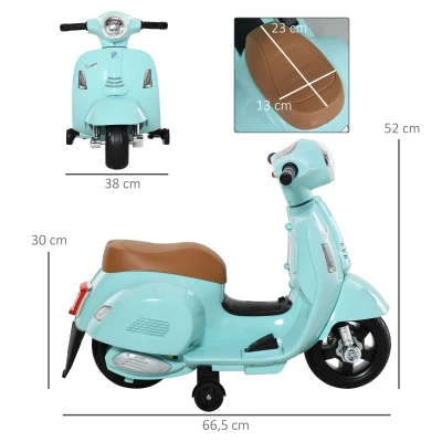 HOMCOM Motocicleta Infantil con Faro Bocina y 4 Ruedas Moto Eléctrica Vespa para Niños con Licencia 66,5x38x52 cm Verde(m-3)