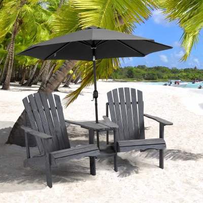 Outsunny Adirondack Gartenstuhl mit Tisch und Schirmloch 2 Sitzer Gartensessel Sitzgruppe Gartenmöbel für Balkon Massivholz Dunkelgrau 170 x 87 x 92 cm