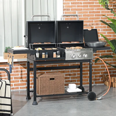 Outsunny Gasgrill BBQ-Grill, inkl. Thermometer, Warmhalteplatten, 161 x 53 x 101 cm, Schwarz + Silber
