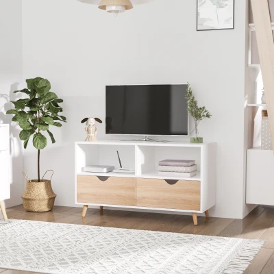 HOMCOM Meuble TV Scandinave Chêne Clair Blanc 2 Tiroirs
