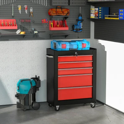 HOMCOM Lockable Tool Chest with Wheels, 5-Drawer, Red