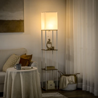 HOMCOM Standleuchte, Deckenfluter, mit Regalen, Metallrahmen, Stoffschirm, 26x26x159cm, Weiß/Braun