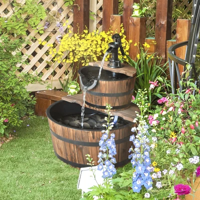 Outsunny Kaskadenbrunnen 2-stufig Gartenbrunnen Zierbrunnen Zimmerbrunnen Wasserspiel Wasserfall Wasserpumpe Tannenholz Dunkelbraun 44,5 x 44,5 x 58,5 cm