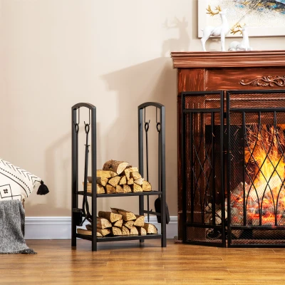 Outsunny Estante de Leña para chimenea 40x30x74,5 cm Soporte para Leña de 2 Niveles Leñero Exterior e Interior Metálico con 4 Herramientas para Chimenea Carga Máx.100 kg Negro