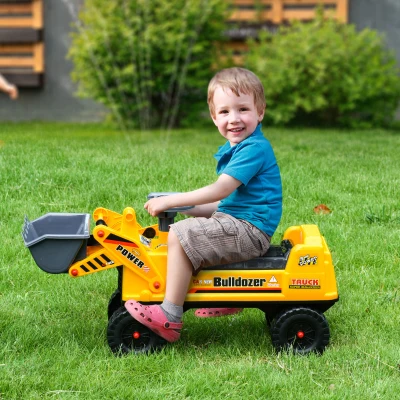 HOMCOM Sitzbagger für Kinder Rutsch Auto Sandspielzeug Rutscherfahrzeug für Kinder 2-3 Jahre Kunststoff-Kunststoff ABS Gelb+Schwarz+Grau 70 x 26 x 37 cm
