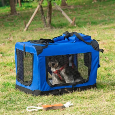 PawHut Transportín para Perros y Gatos Bolsa de Transporte para Mascotas Plegable con Cojín y Ventanas de Malla 60x42x42cm Azul