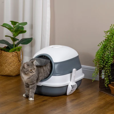 PawHut Caja de Arena para Gatos Plegable Arenero Cerrado para Gatos con Pala 52x41x38 cm Blanco y Gris