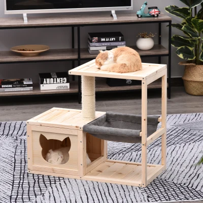 PawHut Arbre à chat design contemporain griffoir grattoir sisal naturel centre d'activités niche hamac plate-formes bois massif sapin lin gris