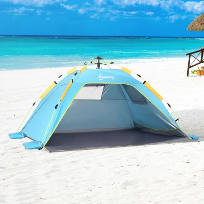 Outsunny Tenda da Spiaggia Pop Up Blu Chiaro e Giallo