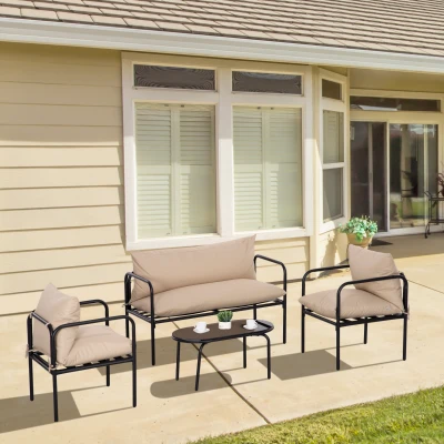 Outsunny Set da Giardino 4pz con 2 Poltrone, Divano e Tavolo Kaki