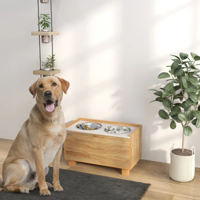PawHut Comedero Perro Elevado con Alimentador Lento Extraíble Comedero y Bebedero de Acero Inoxidable Roble
