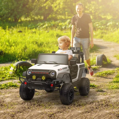 AIYAPLAY Coche Eléctrico para Niños de +3 Años con Batería 12V Mando a Distancia Faros LED Bocina Música Blanco