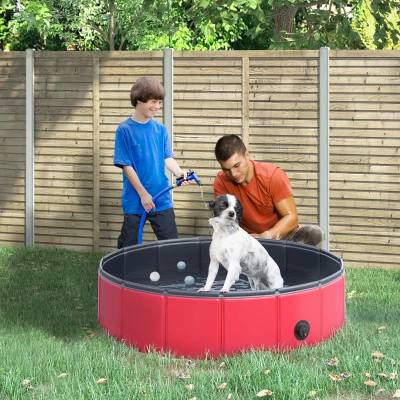 PawHut Piscina Plegable para Perros Gatos Ø80x20 cm Bañera Portátil para Mascotas PVC Antideslizante Múltiples Usos Color Rojo