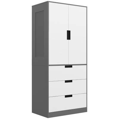 HOMCOM Modern Wardrobe Grey with 3 Drawers & Hanging Rod