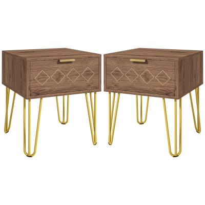 HOMCOM Wooden Bedside Table Set of 2 with Drawer, Modern Gold