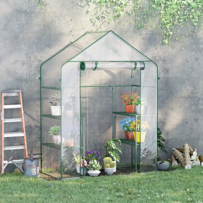 Outsunny Foliengewächshaus begehbares Gartenhäuschen Tomatengewächshaus Treibhaus Frühbeet mit 6 Regalen Transparent Stahl PVC-Kunststoff 142 x 73 x 195 cm