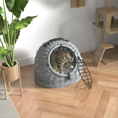 PawHut Wicker Pet Carrier Basket Grey 50x40x40cm