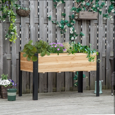 Outsunny Hochbeet Pflanzkasten Blumenkasten Blumentopf Kräuterbeet mit Vliesstoff Massivholz Stahl Natur+Schwarz 120 x 60 x 74 cm