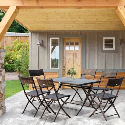 Outsunny Conjunto de Jardín Incluye Mesa 120x70x71 cm y 6 Sillas Plegables de Ratán Sintético para Exterior 61x46x84 cm Marrón