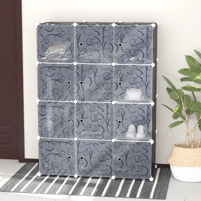 HOMCOM Armario Modular Plástico Estantería 12 Cubos con Puertas para Almacenamiento de Ropa Armario Ropero Organizador para Almacenamiento Juguetes y Libros Montaje en Bricolaje