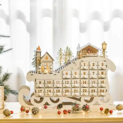 HOMCOM Adventskalender zum Befüllen 24 Schubladen Fächer Weihnachtskalender mit LED-Lichtern Schlitten-Form Adventskalenderbox Weihnachtsdekoration DIY Sperrholz-Platte Naturholz 45 x 10 x 31 cm