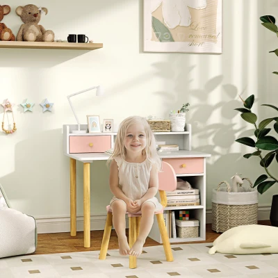 AIYAPLAY Juego de Escritorio Infantil con Silla Pupitre Infantil con Cajones Compartimento y Estantes Rosa y Blanco