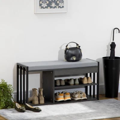 HOMCOM Upholstered Shoe Storage Bench with 3 Shelves Grey