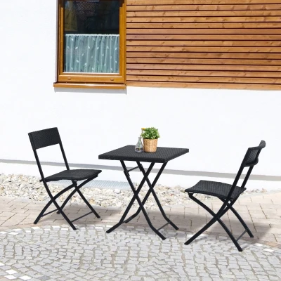 Outsunny Polyrattan Bistroset für 2 Personen Sitzgruppe Rattan Gartenmöbel Set Garnitur Schwarz