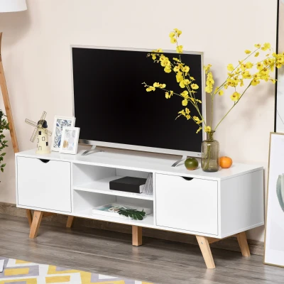 HOMCOM Meuble TV Scandinave Blanc 150x39x50cm 2 Portes