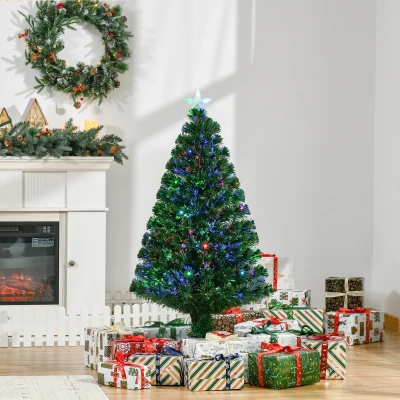 HOMCOM Árbol de Navidad de Fibra Óptica 120 cm Decoración Navideña con 16 LED de 3 Colores 130 Ramas Ø60x120 cm Verde