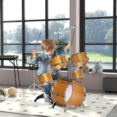 AIYAPLAY Batería para Niños de +3 Años con Taburete Tambores Bombo Platillo Pedal y Baquetas 65x36x76 cm Dorado