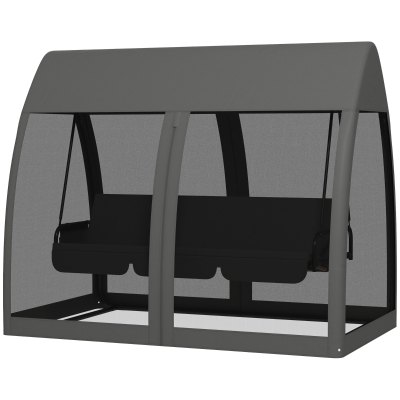Outsunny 3-Sitzer-Terrassen-Schaukel, Veranda-Schaukel mit Bettfunktion, Hollywoodschaukel mit Mückennetz und Stahlrahmen, Grau