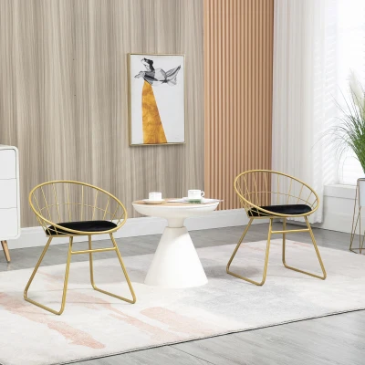 HOMCOM Dining Chairs Set of 2 Metal Wire Gold Velvet Cushion