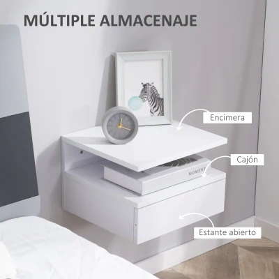 HOMCOM Juego de 2 Mesitas de Noche Flotantes Mesitas de Noche Colgantes con 1 Cajón y Estante Abierto para Dormitorio 35x32x22,5 cm Blanco(m-7)