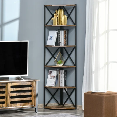 HOMCOM Libreria angolare 39cm x 39cm x 175cm Marrone Rustico