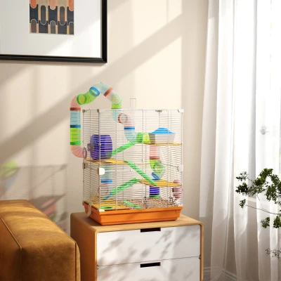PawHut Jaula de Hámster con Túnel Plataformas Cuenco Bebedero Casita Rampas y Rueda de Ejercicio 46x30x58 cm Naranja