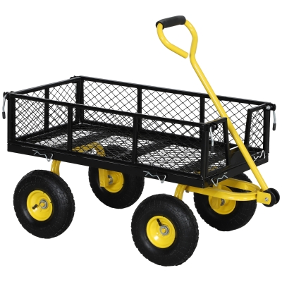 Outsunny Carro de Jardín Basculante Carga 200 kg con Paneles Laterales Desmontables y 4 Ruedas Neumáticas Negro y Amarillo