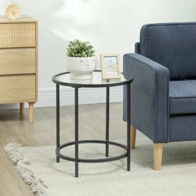 HOMCOM Runder Beistelltisch mit Glasplatte und Metallrahmen, kleiner Kaffeetisch für Wohnzimmer, Schlafzimmer, Schwarz