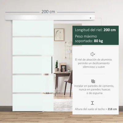 HOMCOM Puerta Corredera de Cristal 90x205 cm Puerta Corrediza Deslizante con Riel de Cristal de Seguridad Translúcido(m-4)