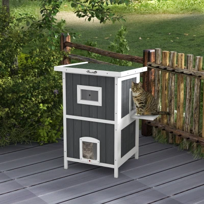 PawHut Katzenhaus Katzenhütte Katzenhöhle, Outdoor, wetterbeständig, 60 x 60 x 90, 5 cm, Grau + Weiß