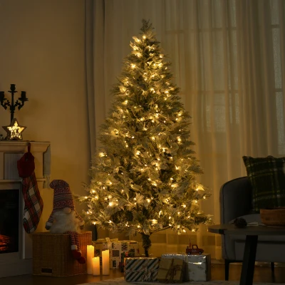HOMCOM Árbol de Navidad Artificial 180 cm con 300 Luces LED Blancas Cálidas con 577 Ramas Apertura Automática Base Plegable