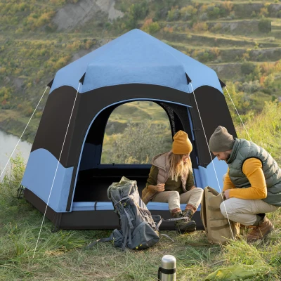 Outsunny 4-Man Hexagon Dome Tent Blue & Black