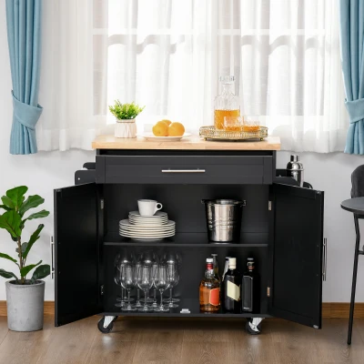 HOMCOM Küchenwagen rollbar Servierwagen Küchentrolley mit höhenverstellbaren Einlegeböden für Küche Wohnzimmer Esszimmer Gummiholz MDF Schwarz 109 x 40 x 89 cm
