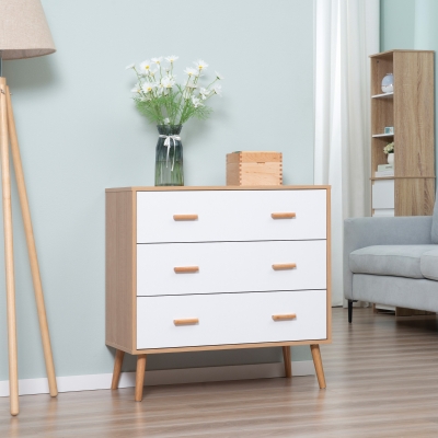 HOMCOM Kommode mit 3 Schubladen Sideboard Schubladenkommode Schrank Mehrzweckschrank Wohnzimmer Esszimmer Skandi-Design Weiß+Natur 80 x 39 x 80 cm
