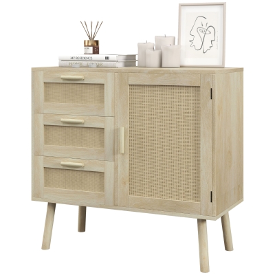 HOMCOM Buffet Bohème 3 Tiroirs Porte Rotin 80x36x75cm
