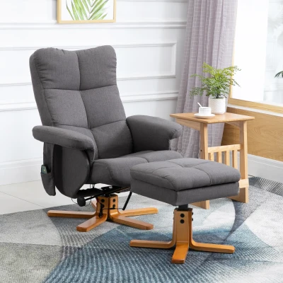 HOMCOM Relaxsessel mit Fußhocker, Stauraum, Elektrischer Massagesessel mit Liegefunktion, Drehbarer Fernsehsessel mit Seitentasche, Fernbedienung, Holzrahmen, Polyester, Dunkelgrau