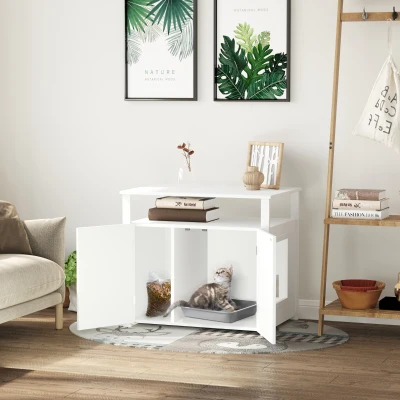 PawHut Wooden Cat Litter Box Enclosure White with Tabletop